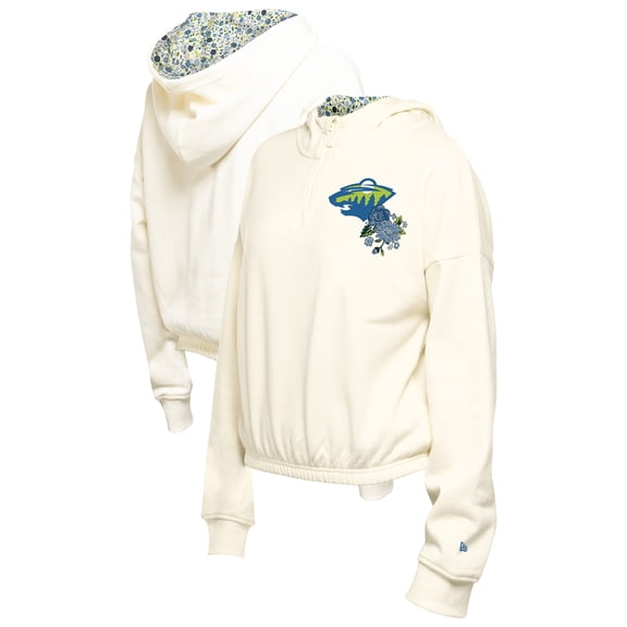 Women's New Era Cream Minnesota Wild Glam Game Quarter-Zip Cropped Floral Hoodie Pullover