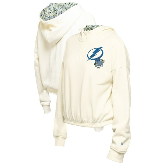 Women's New Era Cream Tampa Bay Lightning Glam Game Quarter-Zip Cropped Floral Hoodie Pullover