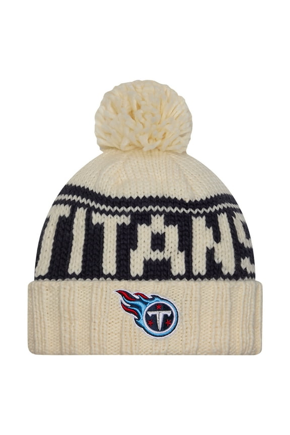 Women's New Era Cream Tennessee Titans 2024 Sideline Cuffed Knit Hat with Pom