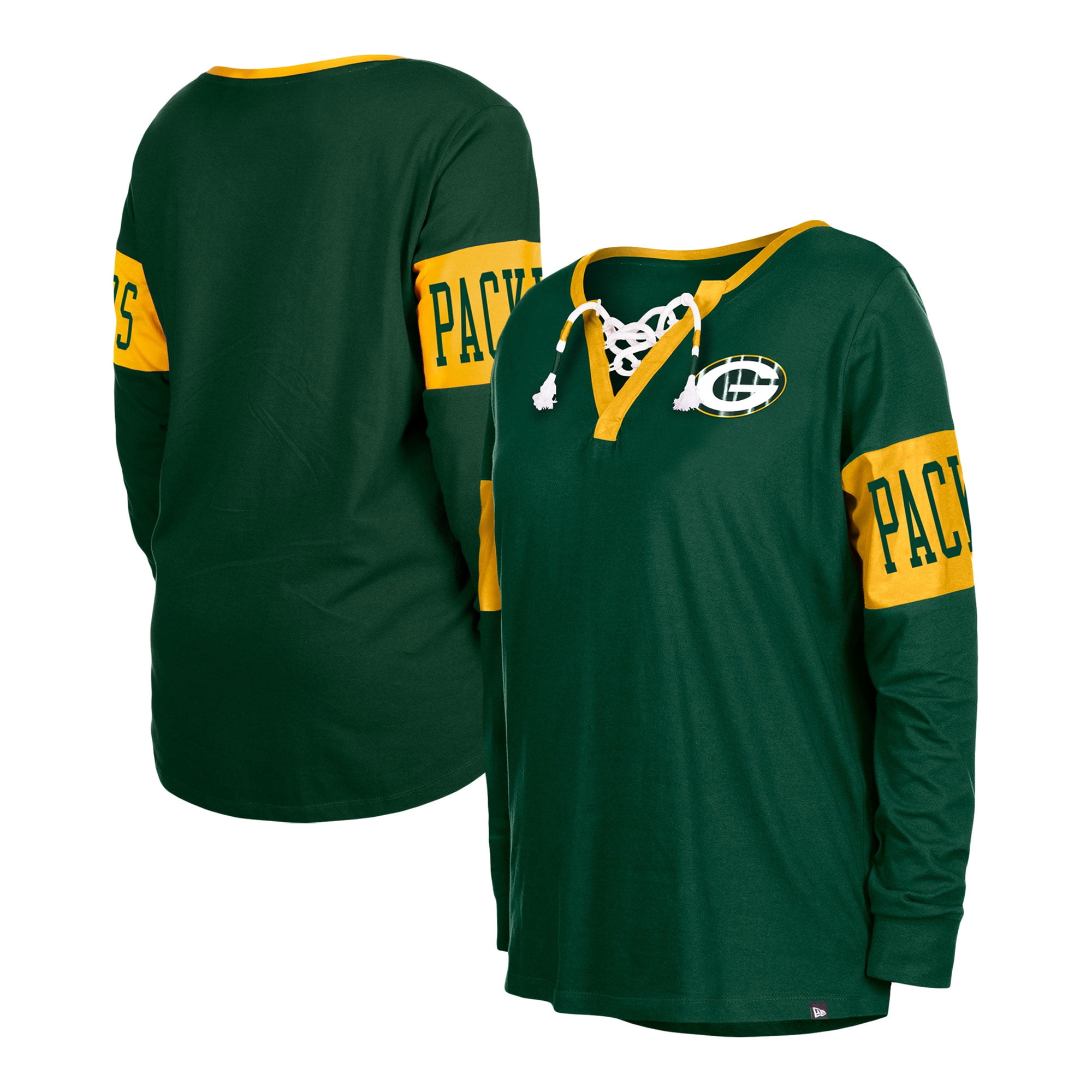 Women's New Era Green Green Bay Packers Lace-Up Notch Neck Long Sleeve ...