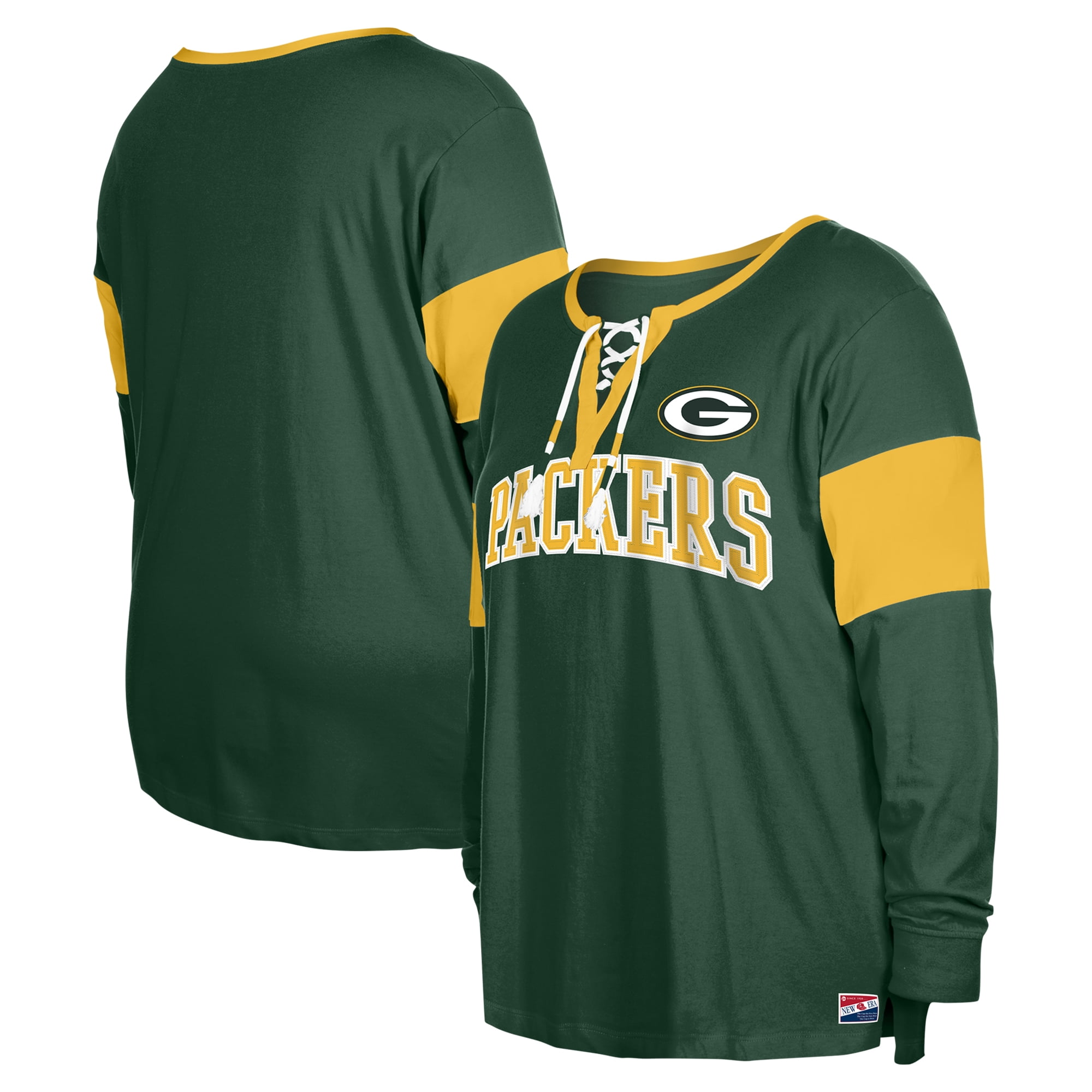 Women s New Era Green Green Bay Packers Plus Size Lace Up Notch Neck Long Sleeve T Shirt Walmart