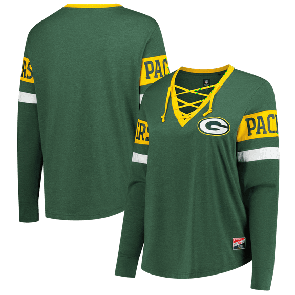 Women's New Era Green Green Bay Packers Plus Size Throwback Lace-Up Long Sleeve T-Shirt