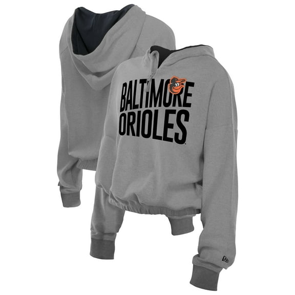 Women's New Era Heather Gray Baltimore Orioles Reversed Out French Terry Quarter-Zip Banded Crop Hoodie
