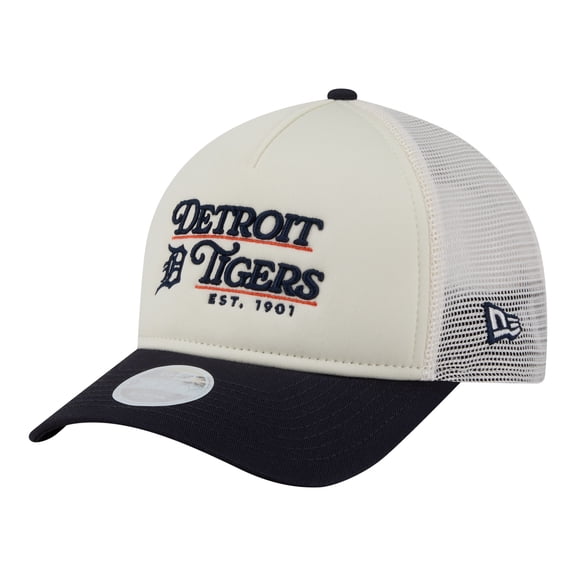 Women's New Era Light Beige/Navy Detroit Tigers Retro 9FORTY M-Crown A-Frame Trucker Adjustable Hat