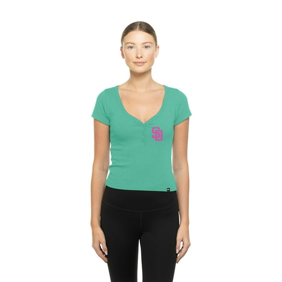 Women's-New Era Mint San Diego Padres Cropped Summer City Connect V-Neck T-Shirt
