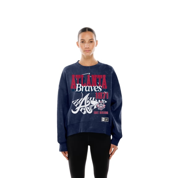 Women's New Era Navy Atlanta Braves Throwback Mineral Wash Boxy Sweatshirt
