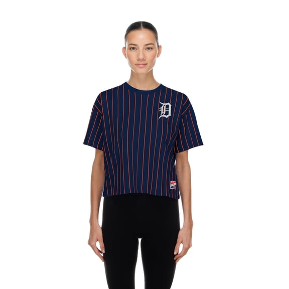 Women's New Era Navy Detroit Tigers Throwback Meshback Pinstripe Boxy T-Shirt
