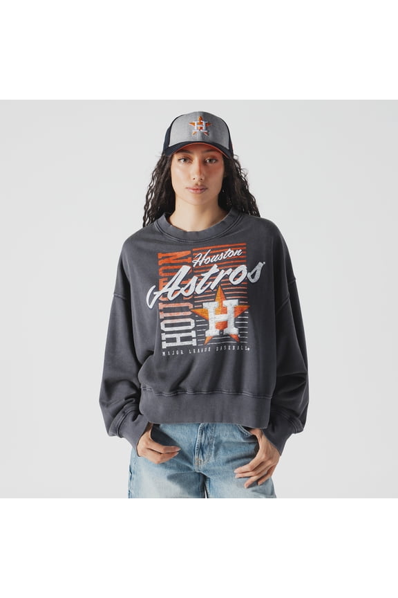Women's New Era Navy Houston Astros Boxy Mineral Wash Dolmen Sleeve Cropped Sweatshirt