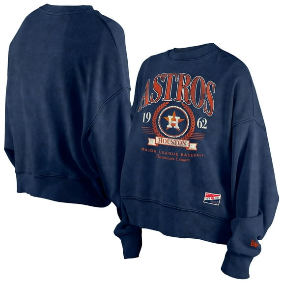 Women's-New Era Navy Houston Astros Throwback Boxy Enzyme Wash Fleece Cropped Pullover