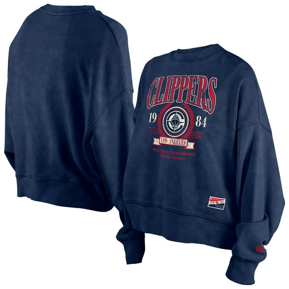 Women's New Era  Navy LA Clippers Throwback Vintage Enzyme Wash Oversized Boxy Pullover Sweatshirt