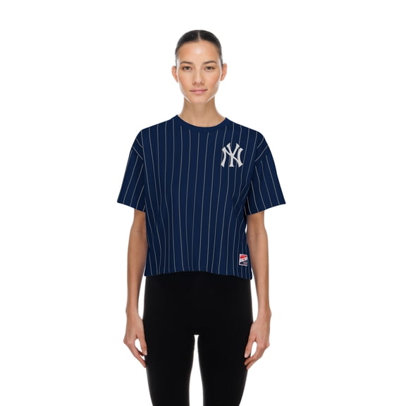 Women's New Era Navy New York Yankees Throwback Meshback Pinstripe Boxy T-Shirt