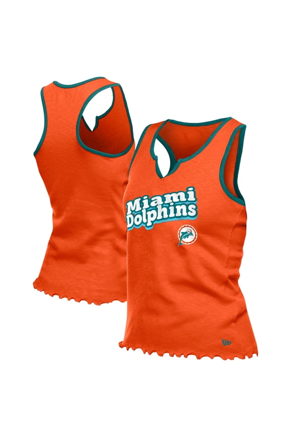 Women's-New Era  Orange Miami Dolphins Lettuce Hem Notch Neck Tri-Blend Tank Top