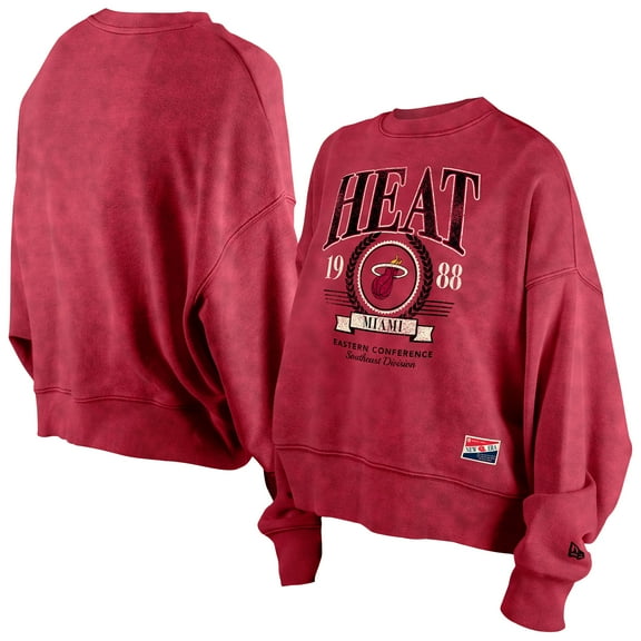 Women's New Era  Red Miami Heat Throwback Vintage Enzyme Wash Oversized Boxy Pullover Sweatshirt