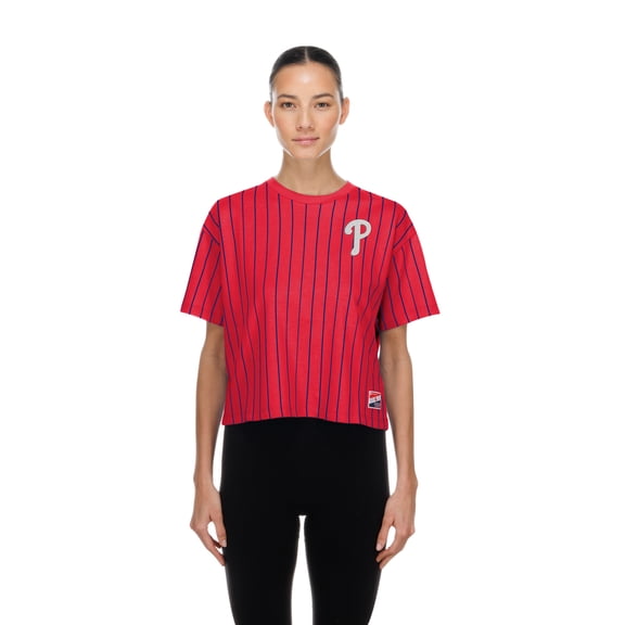 Women's New Era Red Philadelphia Phillies Throwback Meshback Pinstripe Boxy T-Shirt