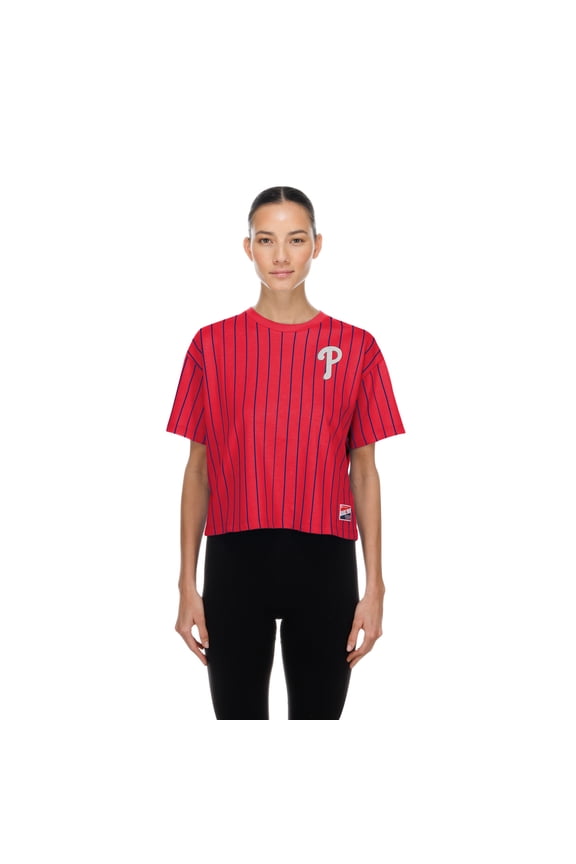 Women's New Era  Red Philadelphia Phillies Throwback Meshback Pinstripe Boxy T-Shirt