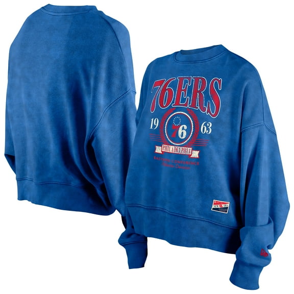 Women's New Era  Royal Philadelphia 76ers Throwback Vintage Enzyme Wash Oversized Boxy Pullover Sweatshirt