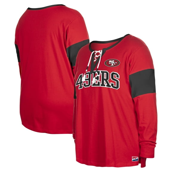 Women's New Era Scarlet San Francisco 49ers Plus Size Lace-Up Notch Neck Long Sleeve T-Shirt