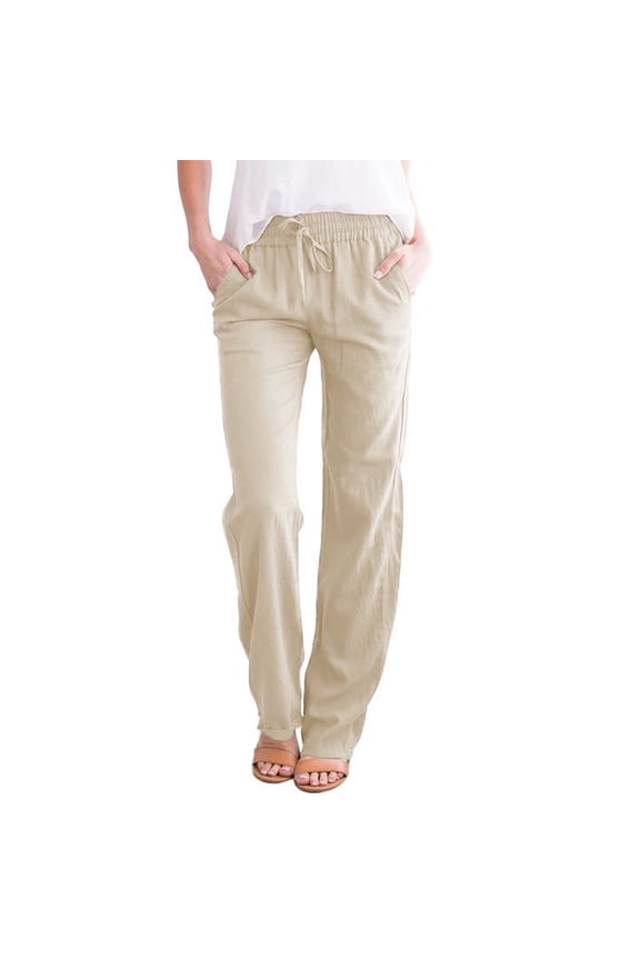 Women's New European and American Solid Cotton Hemp Drawstring Loose Relaxed Wide Leg Pants