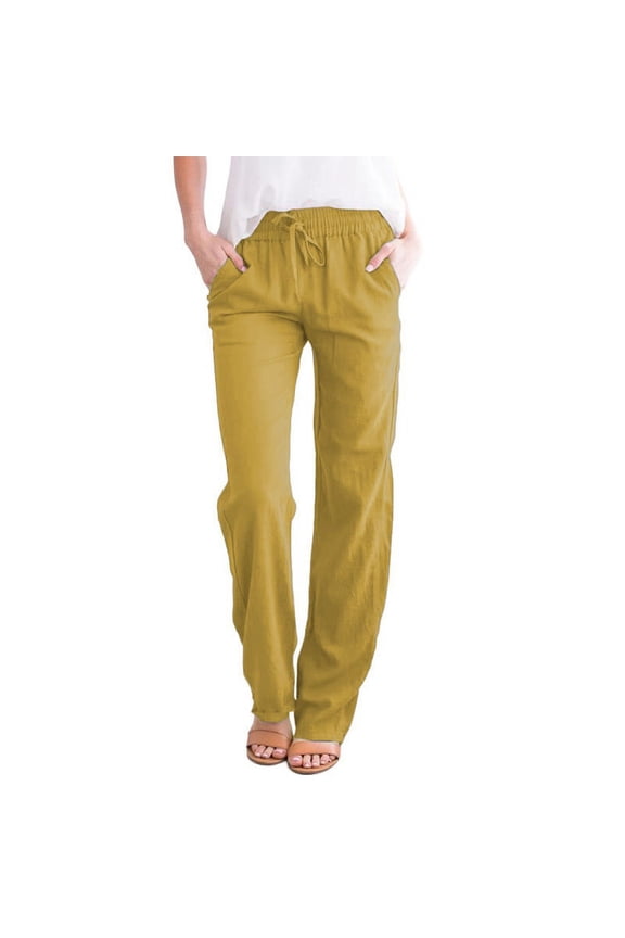 New Women's New European and American Solid Cotton Hemp Drawstring Loose Relaxed Wide Leg Pants