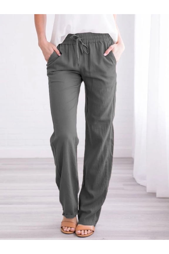 New Women's New European and American Solid Cotton Hemp Drawstring Loose Relaxed Wide Leg Pants