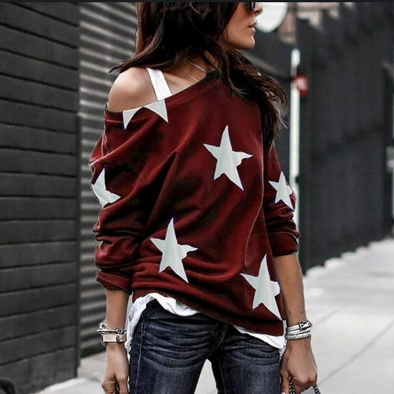 Women's New Five-Pointed Star Printed Round Neck Long Sleeve Ladies T-shirt