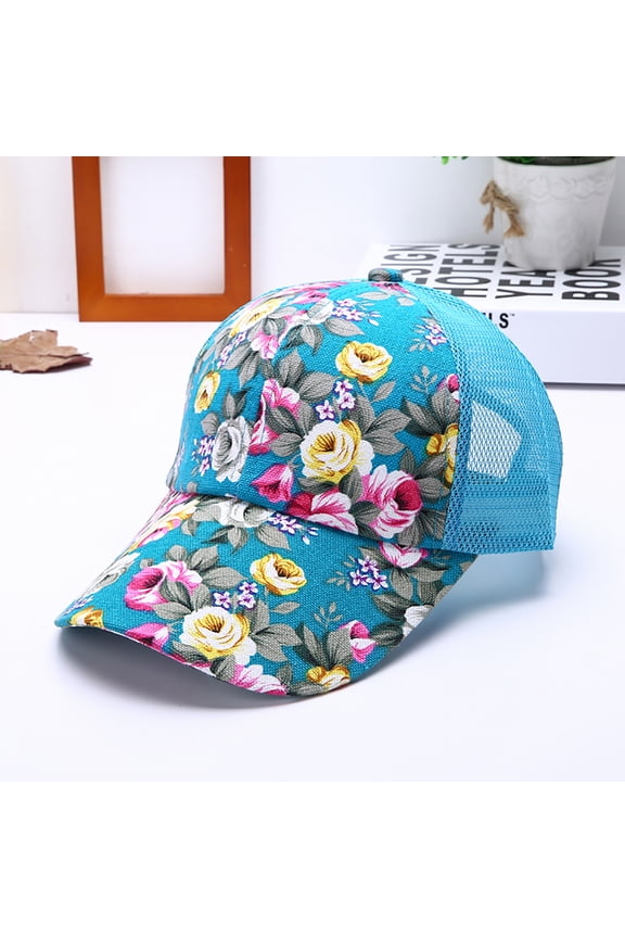 Women's New Flower Printing Sun Protection All-Match Baseball Cap Sky Blue One Size