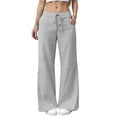thumbnail image 1 of Women's New Foreign Trade Striped Solid Color Linen Loose Casual Home Pants, Polyester, Elastic Waist, Breathable, Sizes S-XL, 1 of 4