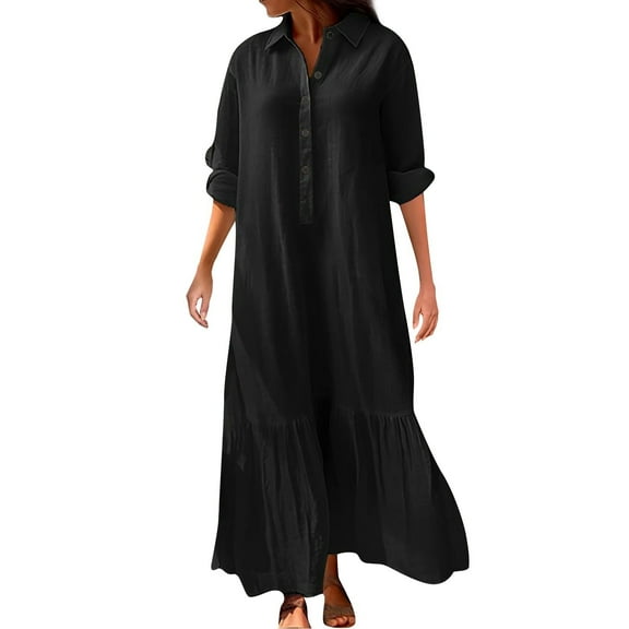 Women's New Half Sleeve Irregular Shirt Button Casual Cotton Linen Long Dress, Unique and Comfortable for Daily Wear, Great for Relaxed Settings,Black,Size S