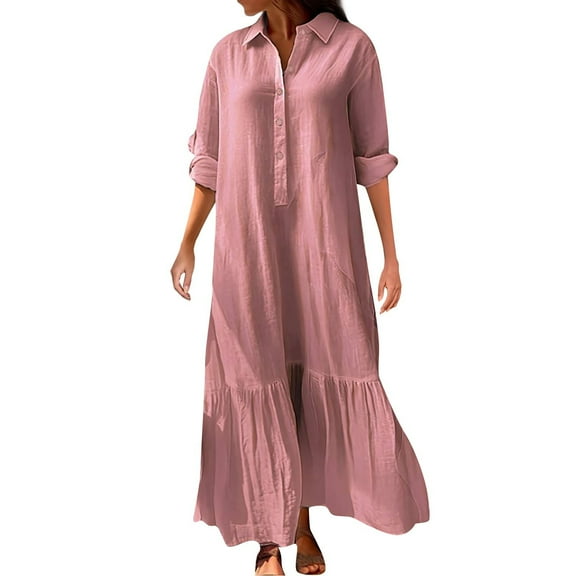 Women's New Half Sleeve Irregular Shirt Button Casual Cotton Linen Long Dress, Unique and Comfortable for Daily Wear, Great for Relaxed Settings,Pink,Size S