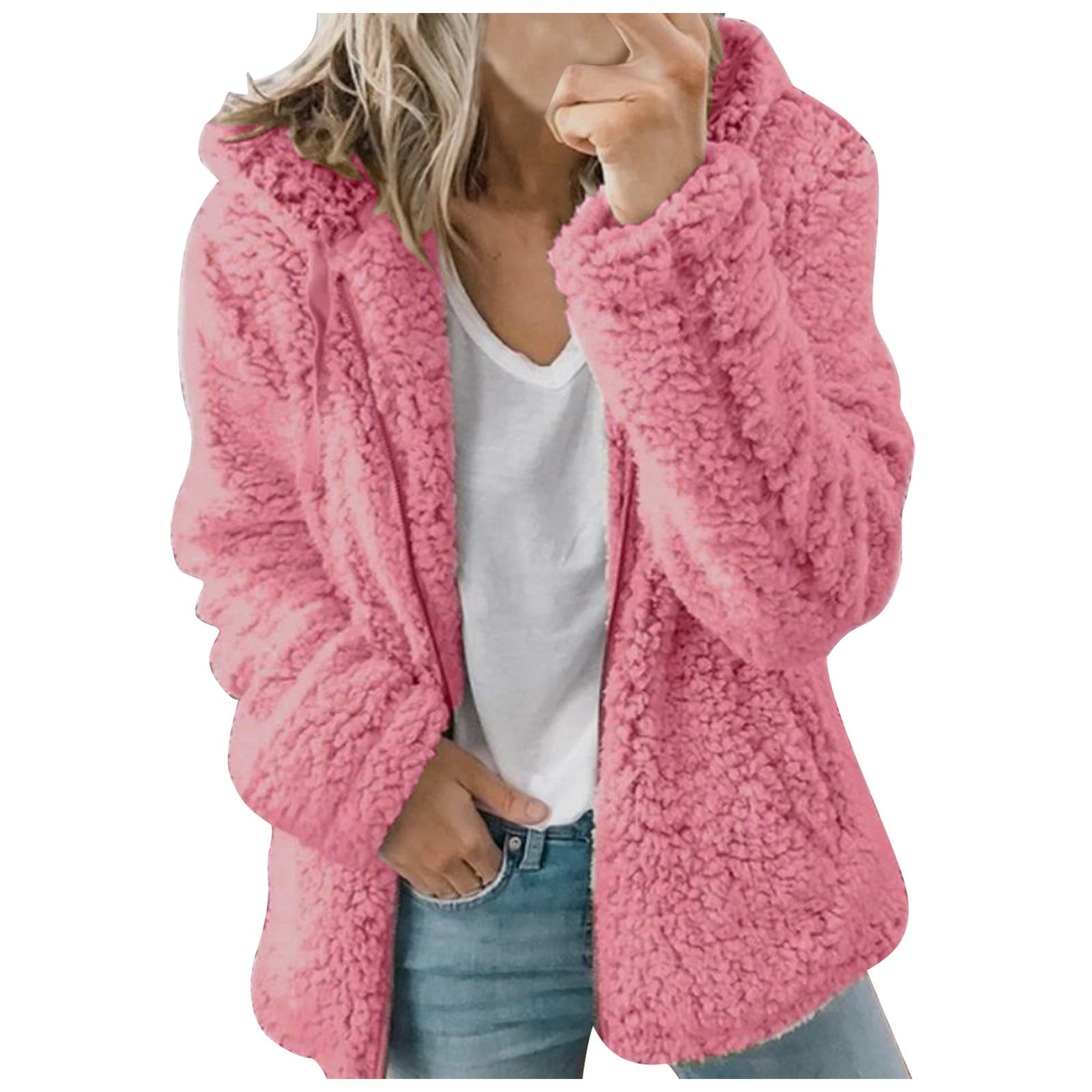 Women's New Hooded Sherpa Jacket Women Casual Winter Fluffy Warm Soft Coat Zip Up Hooded Sweatshirt Jacket Coat Outwear