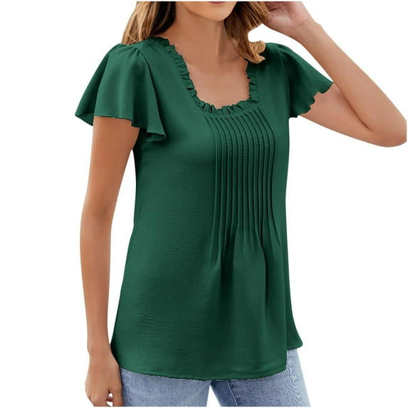 Women's New Lace Sleeve Chest Pleated Solid Color Casual T-shirt Top, Stylish and Comfortable Short Sleeve V-neck T-shirt with Pleated Detail and Lace Sleeves, Versatile Solid Color Casual Top