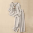 thumbnail image 1 of Women's New Linen Embroidered Two Piece Set, Loose Shirt Wide Leg Pants With Pockets Fashion Summer Casual Outfits Comfortable Daily Wear, 1 of 6