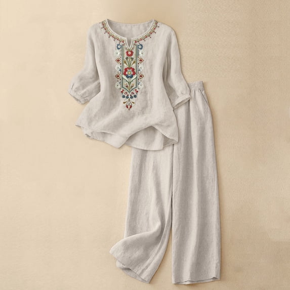Women's New Linen Embroidered Two Piece Set, Loose Shirt Wide Leg Pants With Pockets Fashion Summer Casual Outfits Comfortable Daily Wear