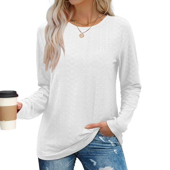 Women's New Loose Round Neck Casual Long Sleeve Lace Top With Dissolved Lace Design Womens Workout Tops Loose Fit Casual T Shirts for Women Womens Top Extra Long Striped Short Sleeve Tee Women's