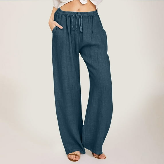 NASIQXB Women's Linen Summer New Beach Pants With Pockets Crinkle High Waisted Wide Leg Fashion Drawstring Elastic Trousers Comfy Straight Leg Pants