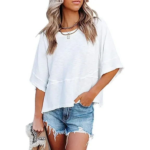 Women's New Patchwork Solid Color Flared Sleeves Casual Loose T-shirt Top for Women's Clothing
