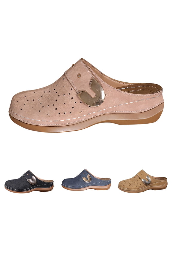 Women's New Retro Thick Heeled Sandals with Hollowed Out Flowers And A Closed Backless Slipper, Solid Color Bag toe Flat Bottom Casual Half Slipper