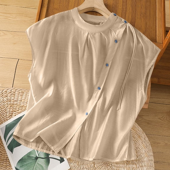 Women's New Round Neck Button Solid Color Casual Fashion Blouse