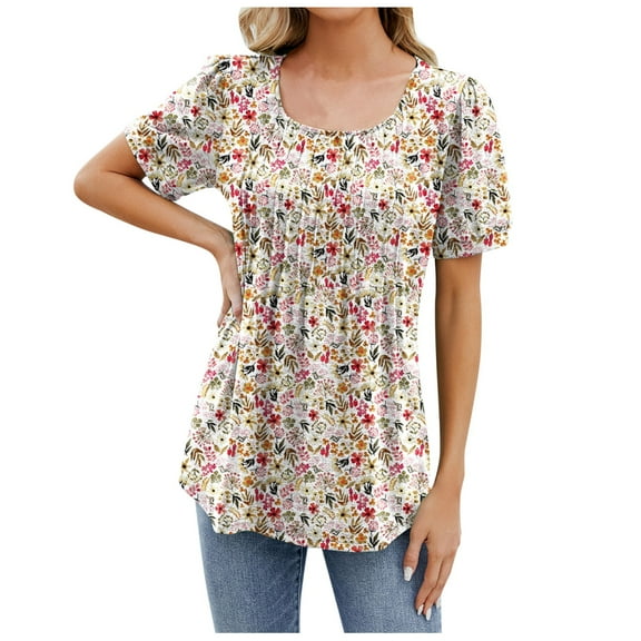Women's New Round Neck Floral Solid Color Top - Short Sleeve Loose Fit Blouse with Pleated Front, Flowy Comfortable for Casual/Work (S-XXL)
