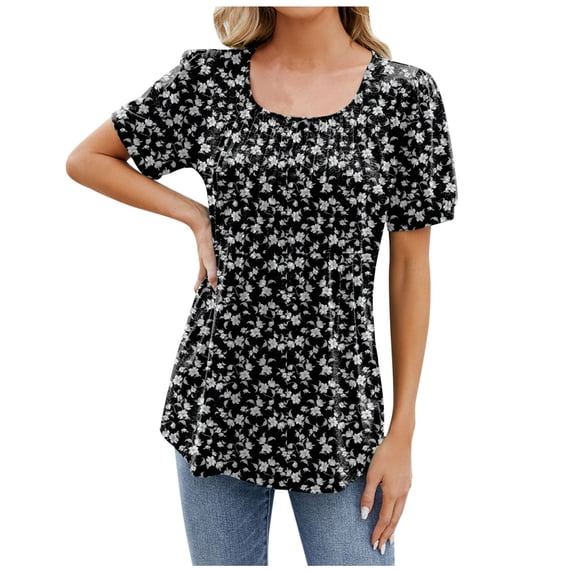 Women's New Round Neck Floral Solid Color Top - Short Sleeve Loose Fit Blouse with Pleated Front, Flowy Comfortable for Casual/Work (S-XXL)