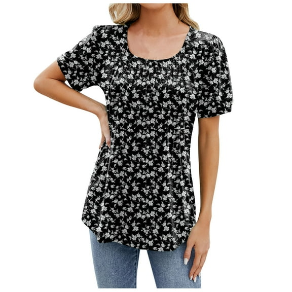 Women's New Round Neck Floral Solid Color Top - Short Sleeve Loose Fit Blouse with Pleated Front, Flowy Comfortable for Casual/Work (S-XXL)