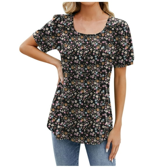 Women's New Round Neck Floral Solid Color Top - Short Sleeve Loose Fit Blouse with Pleated Front, Flowy Comfortable for Casual/Work (S-XXL)