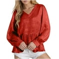 thumbnail image 1 of Women's New Shiny Shirts Solid Color Ruffled V-Neck Puffy Sleeve Blouses Top Long Sleeve VNeck Pullover Top 02#Red S, 1 of 6