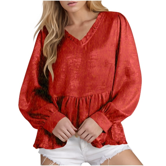 Women's New Shiny Shirts Solid Color Ruffled V-Neck Puffy Sleeve Blouses Top Long Sleeve VNeck Pullover Top 02#Red S