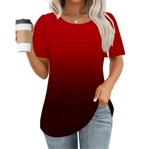 Women's New Short Sleeve Round Neck Pullover Chest Pleated Gradient Color Print