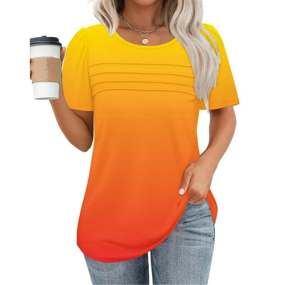 Women's New Short Sleeve Round Neck Pullover Chest Pleated Gradient Color Print