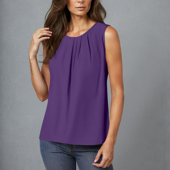 Women's New Sleeveless Crew-neck Chest Pleated Solid Color