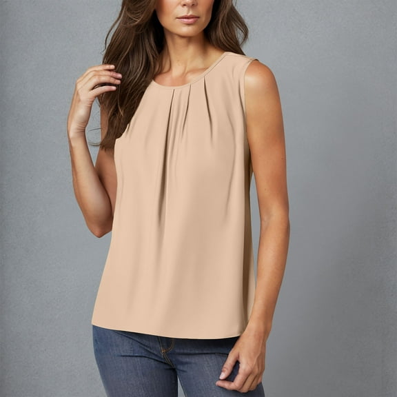 Women's New Sleeveless Crew-neck Chest Pleated Solid Color