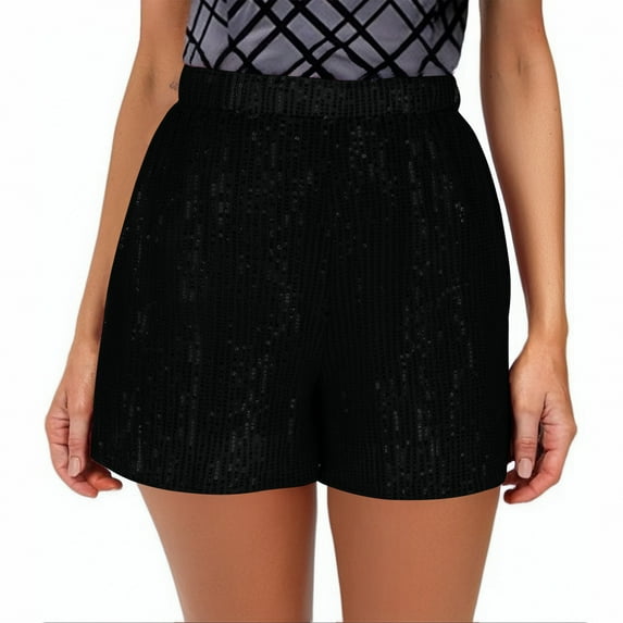 ZQUUVOU Women's New Solid Color Fashionable Elegant Elastic Waist Sequin Shorts Black