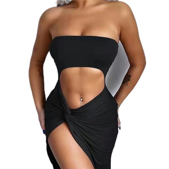 Women's New Solid Color Hollow Pleated Long Dress-Black-M